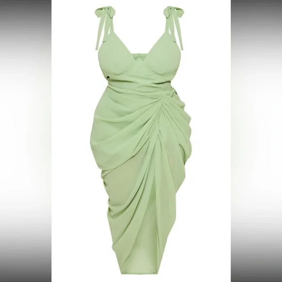PrettyLittleThing Women's Plus Underwire Detail Draped Midi Dress in Sage Green | Size: 14 | Chiffon